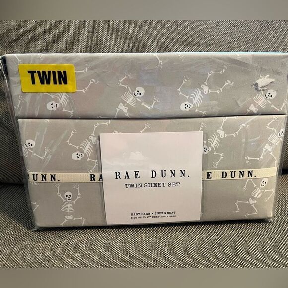 Rae Dunn Gray Skeleton Halloween Twin Sheet Set - Picture 1 of 3